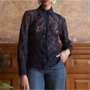 Undra Celeste New York Lily Lace Button Front Shirt Blouse Navy | Sz L